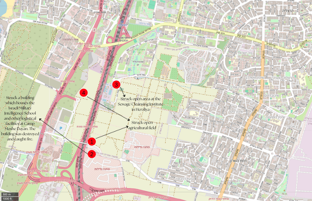 The locations of Iranian airstrikes against the Israeli Military Intelligence School, during Operation True Promise III, during the Iran–Israel war, in June 2025. The Israeli Military Intelligence School is an AMAN base linked to Israel’s 8200 intelligence, which is a secretive unit focused on cyber and signals intelligence. The attack involved four ballistic missiles, all of which struck Israeli territory. A building which holds the Israeli Military Intelligence School and logistical facilities for the Israeli military at Camp Moshe Dayan in Tel Aviv was destroyed and caught fire after being struck by one of the missiles. One of the other missiles struck the Sewage Cleansing Institute in Herzliya. The other two missiles struck agricultural land.