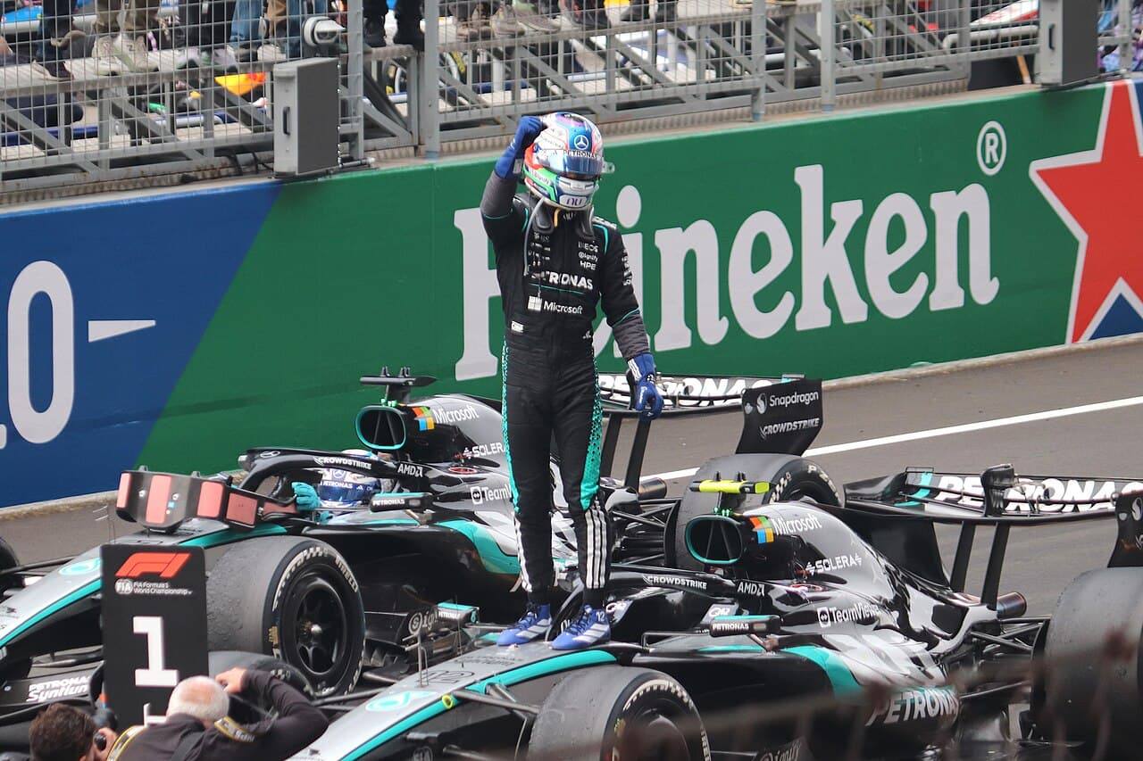 Kimi Antonelli celebrating after the 2026 Chinese Grand Prix for Mercedes